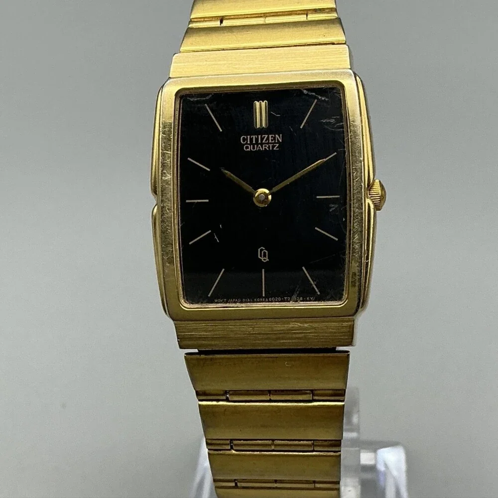 Vintage Citizen 6020 Mens Watch 25mm Black Dial Gold Tone Bracelet For Parts